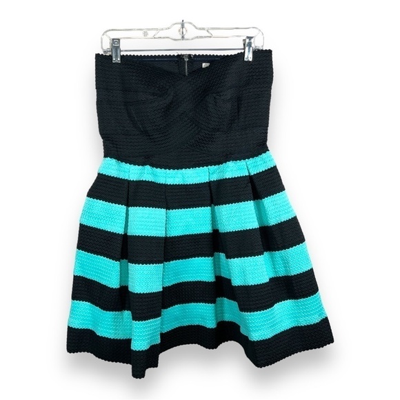 LARGE JUNIORS STRIPED STRAPLESS DRESS BLACK MINT GREEN STRETCH EVENT PARTY - Picture 1 of 8